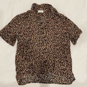 Saint Laurent Leopard Camouflage Short Sleeve Button-up Shirt in Beige